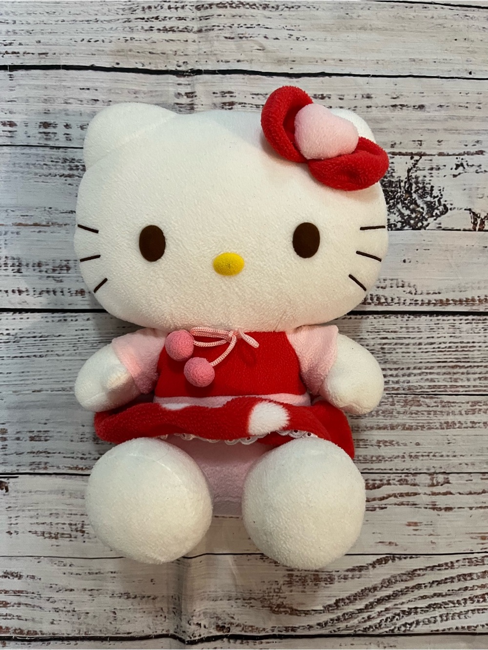 Rare Sanrio Hello Kitty Nakajima 09 Red Polka Dot Dress Bow w/ Pink Heart Plush